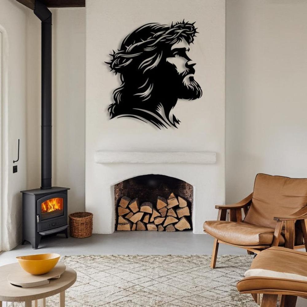 Silhouette Métallique Jésus Art Mural Décoration Chrétienne Religieuse avec Couronne d'Épines Croix Minimaliste Suspendue pour Salon Chambre à Coucher