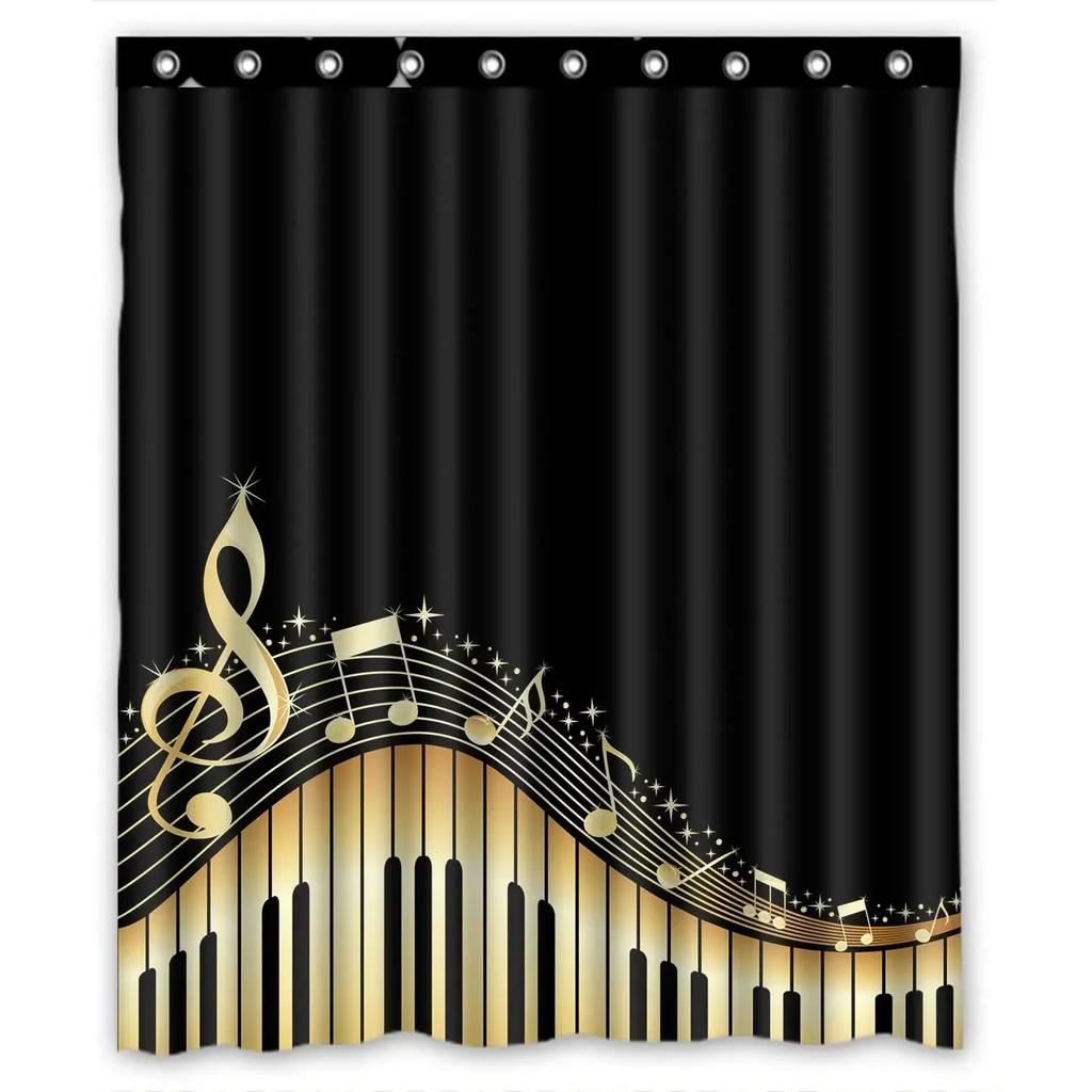 Music Shower Curtain,Black And White Music Notes Bathroom Shower Curtains Polyester Fabric Fashion Gray Bathroom Set With Hooks