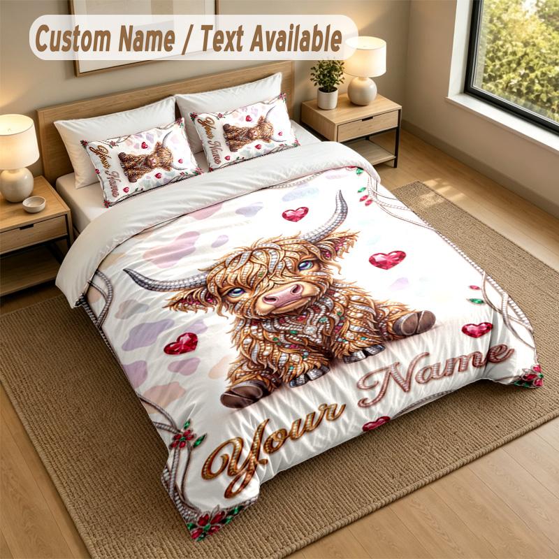 Cow Highland Theme Personalized 3Pcs Bedding Set Custom Text & Name 1 Sheet 2 Pillowcases Household Bedding 1pc