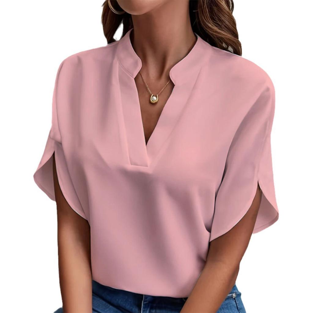 1116 Sommer Neu V-Ausschnitt Shirt Damen Einfarbig Lässig Vielseitig Europäisch und Amerikanisch Kurzarm Pullover