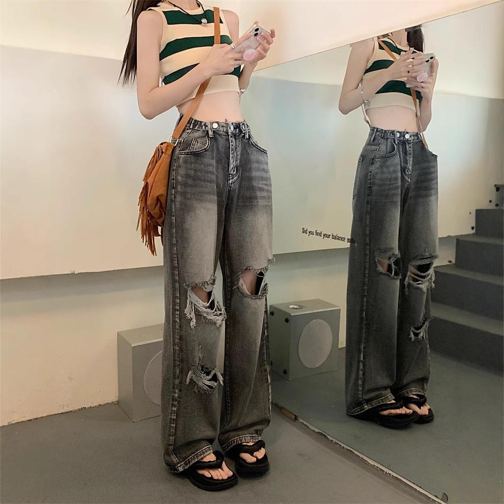 Smoke Grey High-Waisted Wide-Leg Ripped Denim Pants for Women – Loose, Slimming, Retro High Street Long Pants