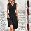 Women's Black Sleeveless V-Neck Waist Pleated Mini Dress