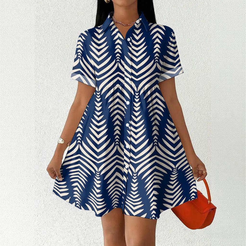 Casual Loose Fit Shirt Dress with Button Front and Stand Collar Short Sleeve Lightweight Summer Dress for Women
