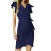 Women's Dress Temperament V-neck Waisted Drawstring Pleated Flared Sleeve Hip Package Slim Dresses