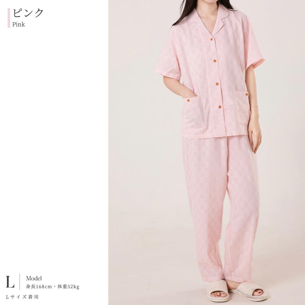 Yes Family Double Gauze Pajama Short Check Size M Women's Set, 100% Cotton, Sleeves, Pattern, Pink,