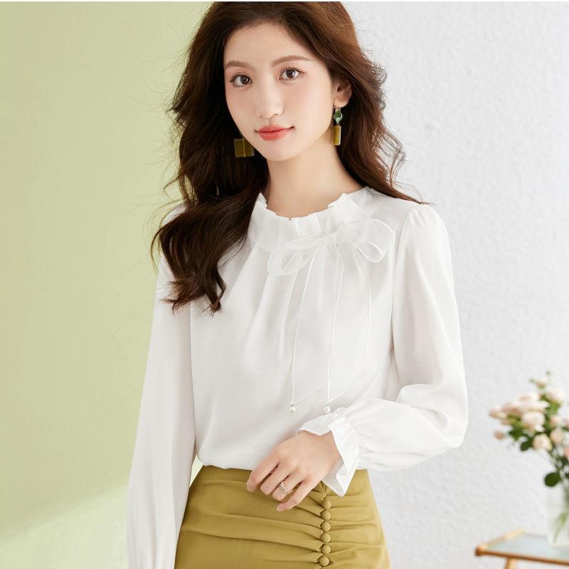 Casual Solid Color Butterfly Bow Sense of Design Blouse Women Long Sleeve O-collar All-match Pleated Chiffon Pullover Shirt