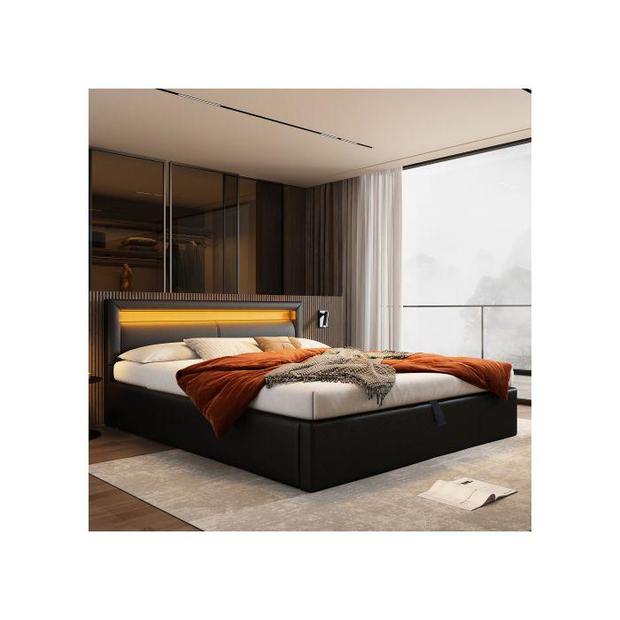 Lit rembourré - MUVOE - 140 x 190 - Simili cuir - Rangement sous sommier - Éclairage LED