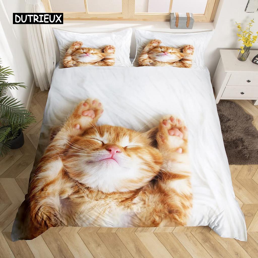 White Cat Flower King Queen Duvet Cover Kitten Bedding Set Pet Animal Polyester Quilt Cover Girls Pink Floral Comforter Cover