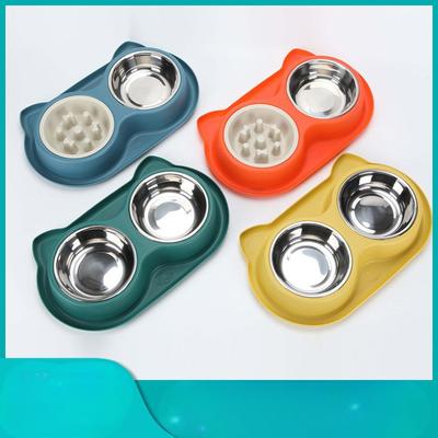 Dog Bowl Cat Bowl Stainless Steel Double Bowl Anti-choking Slow Food Bowl for Dogs Anti-slip Anti-tip Large-capacity Pet Double Bowl