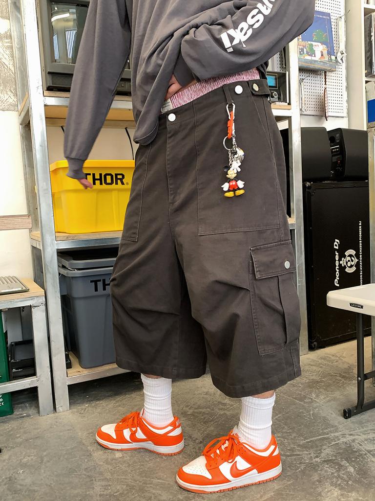 American retro solid color wide-leg denim cropped pants multi-pocket design overalls washed shorts men's and women's trends
