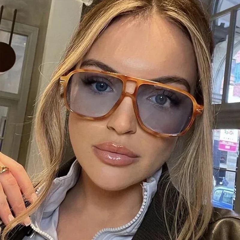 Retro Double-bridge Pilot Sunglasses with Riveted Decoration, Leopard Print Women's Fashionable Sunglasses UV400