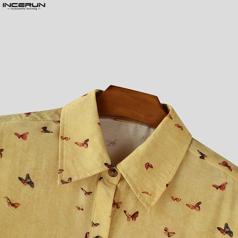INCERUN Oversized Men Lapel Neck Long Sleeve Floral Print Buttons Casual Loose Shirts