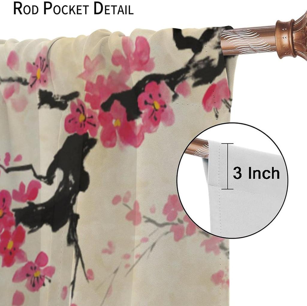 Room Darkening Cherry Blossoms Curtains Asia China Japanese Mountain Spring Ink Painting Window Drapes Living Bedro Curtain Vintage Polyester Washable