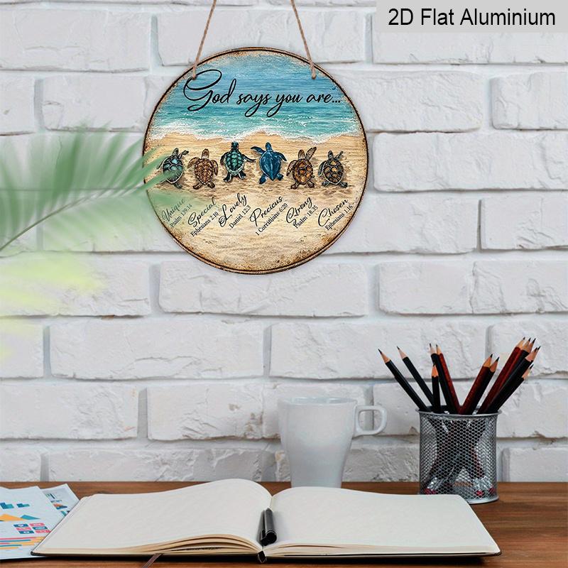 2D Flat, 1pc Sea Turtle Bible Verse Wall Decor, Round Aluminum Sign for Home, Office, Bathroom, Porch, Living Room - Vintage Sea Turtle Plaque with