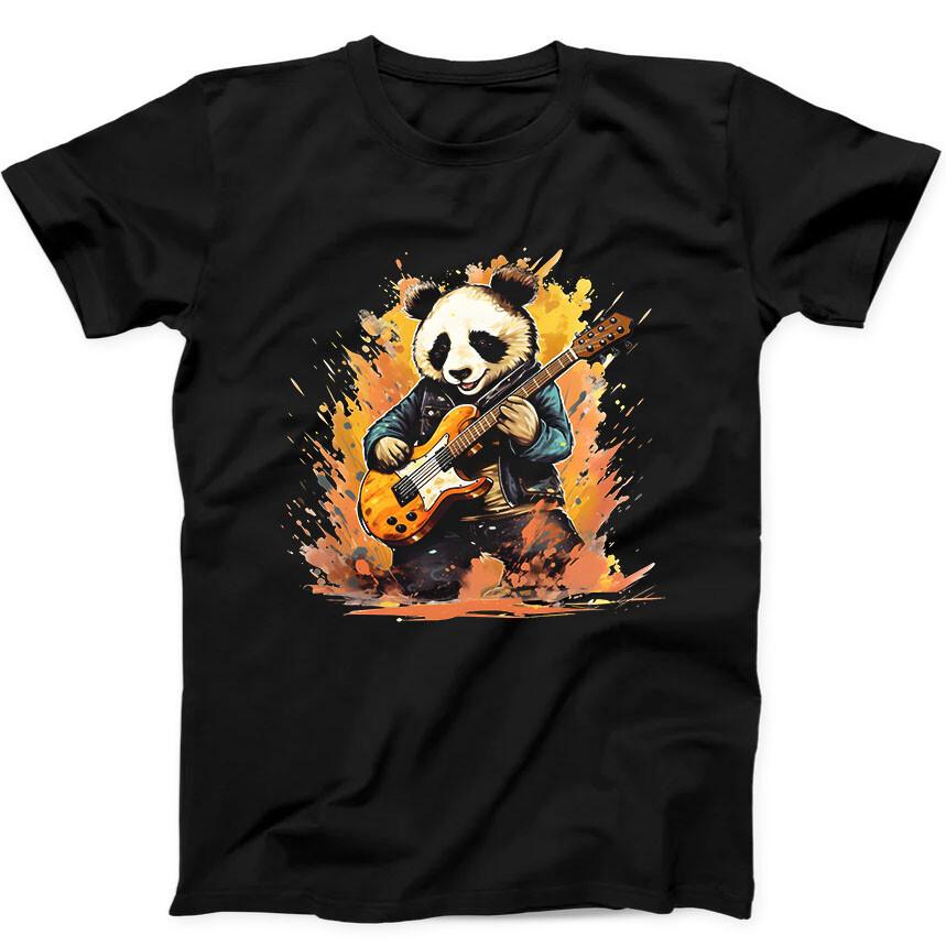 Cute Panda Playing Guitar Animal Funny Gift Tee Black T Shirt 43