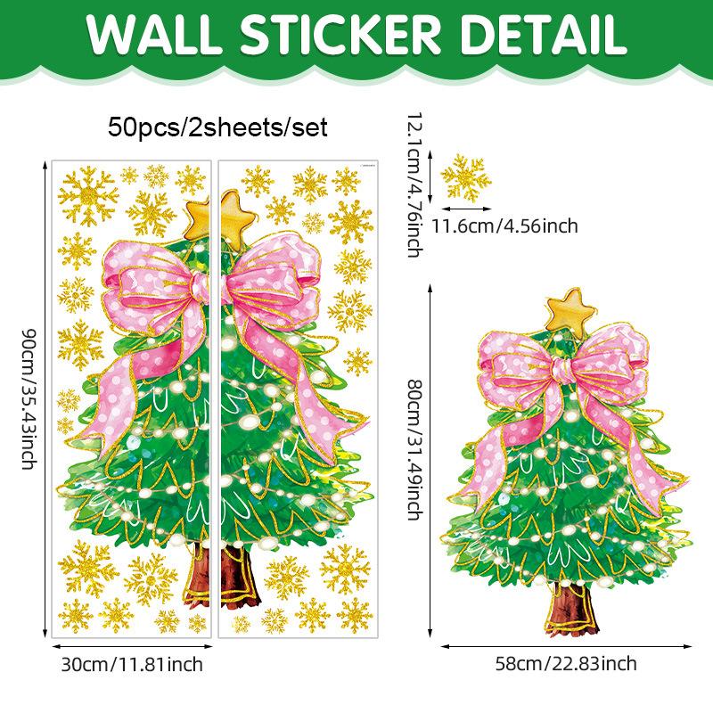 

Pink bow Christmas tree wall background decorative wall sticker self-adhesive gold snowflake window sticker 90 * 30Cm * 2 sheets