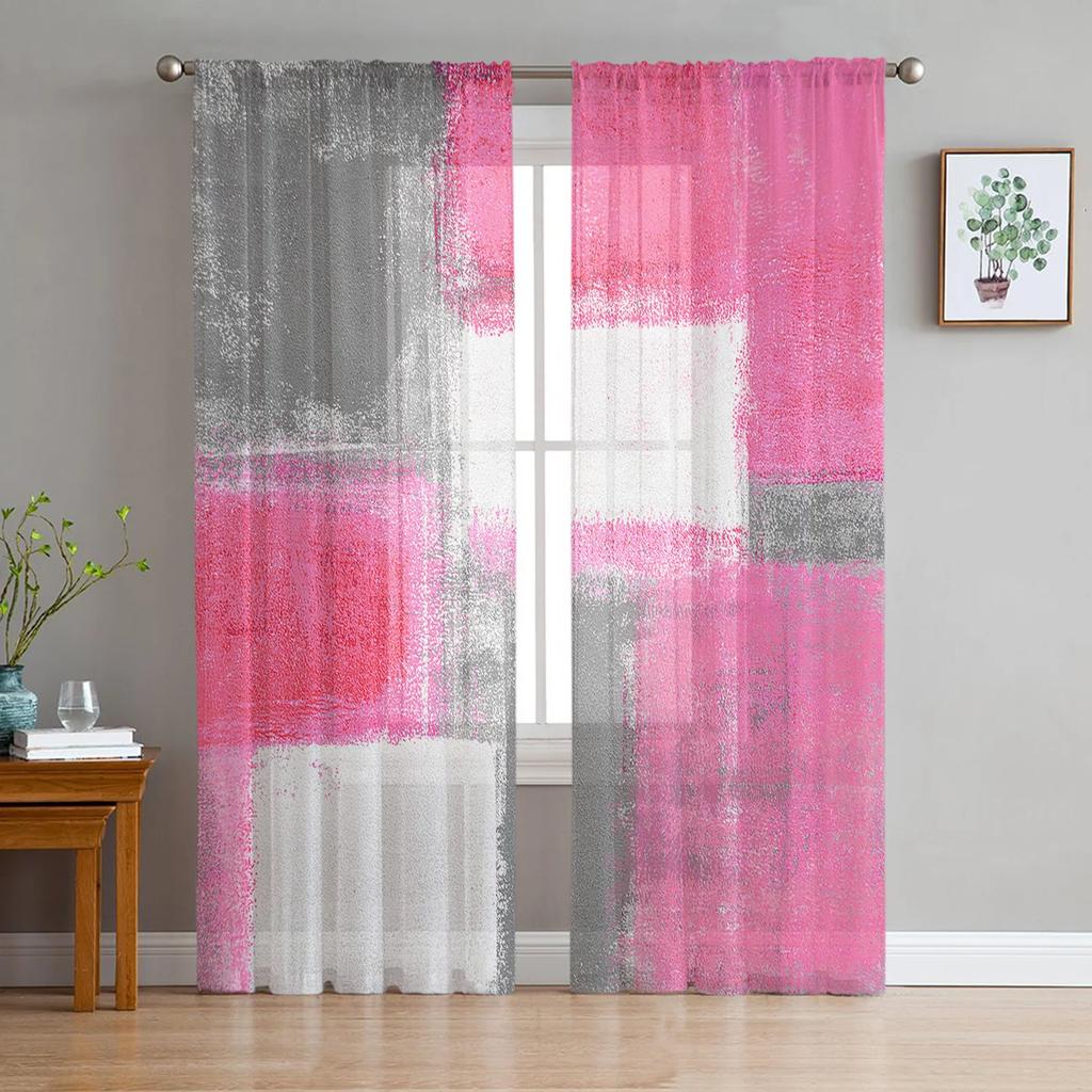 Oil Painting Abstract Geometric Yellow Gray Sheer Curtains for Living Room Decoration Window Curtain Kitchen Tulle Voile Drapes