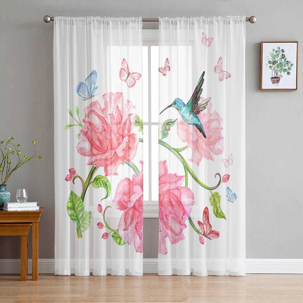Sheer Hummingbird Pink Flower White Tulle Curtains Living Room Bedroom Decoration Transparent Chiffon Voile Window Curtain Polyester Washable Sitting