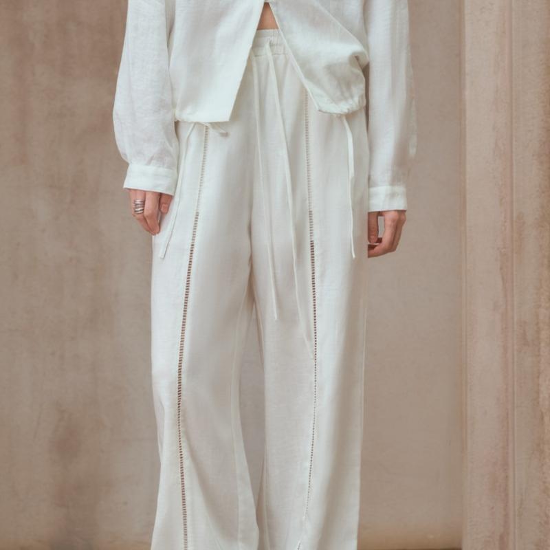 Women Linen Blend Wide Leg Pants, Lace Hollow Out, Loose Fit, Adjustable Drawstring Waist, Summer Casual Trousers