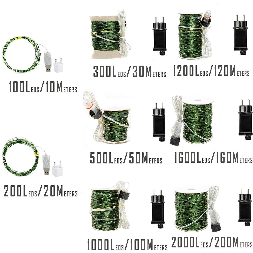 Green Cable LED Christmas String Fairy Lights Garland Outdoor Waterproof For Birthday Party Halloween Garden Room Decoration