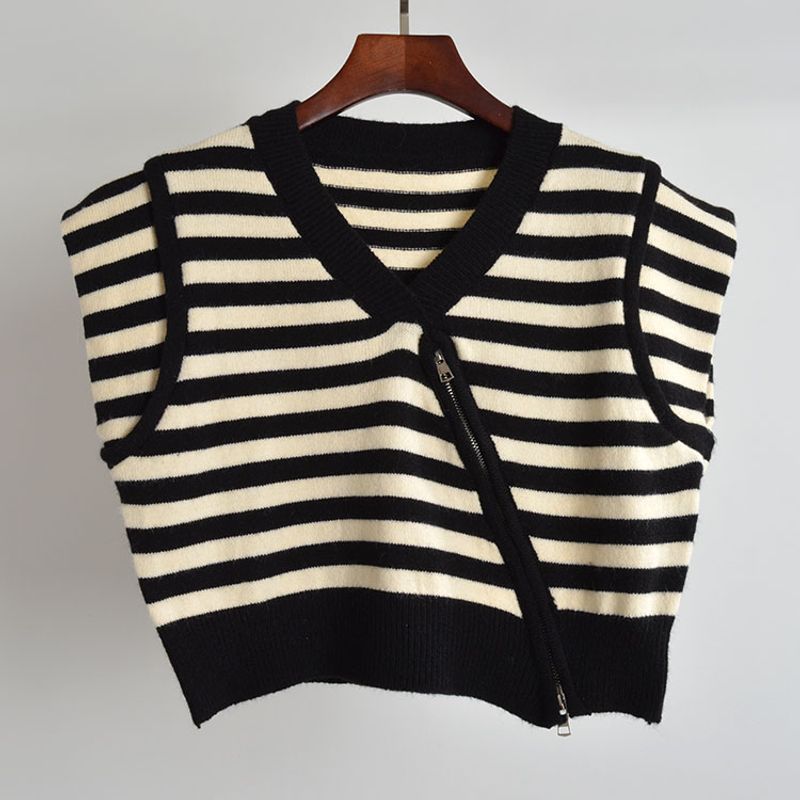 Fall New Arrival Contrast Color Stripes V Neck Oblique Open Double-Headed Zipper Vest Sweater Women's Clothing Fashion Versatile Top