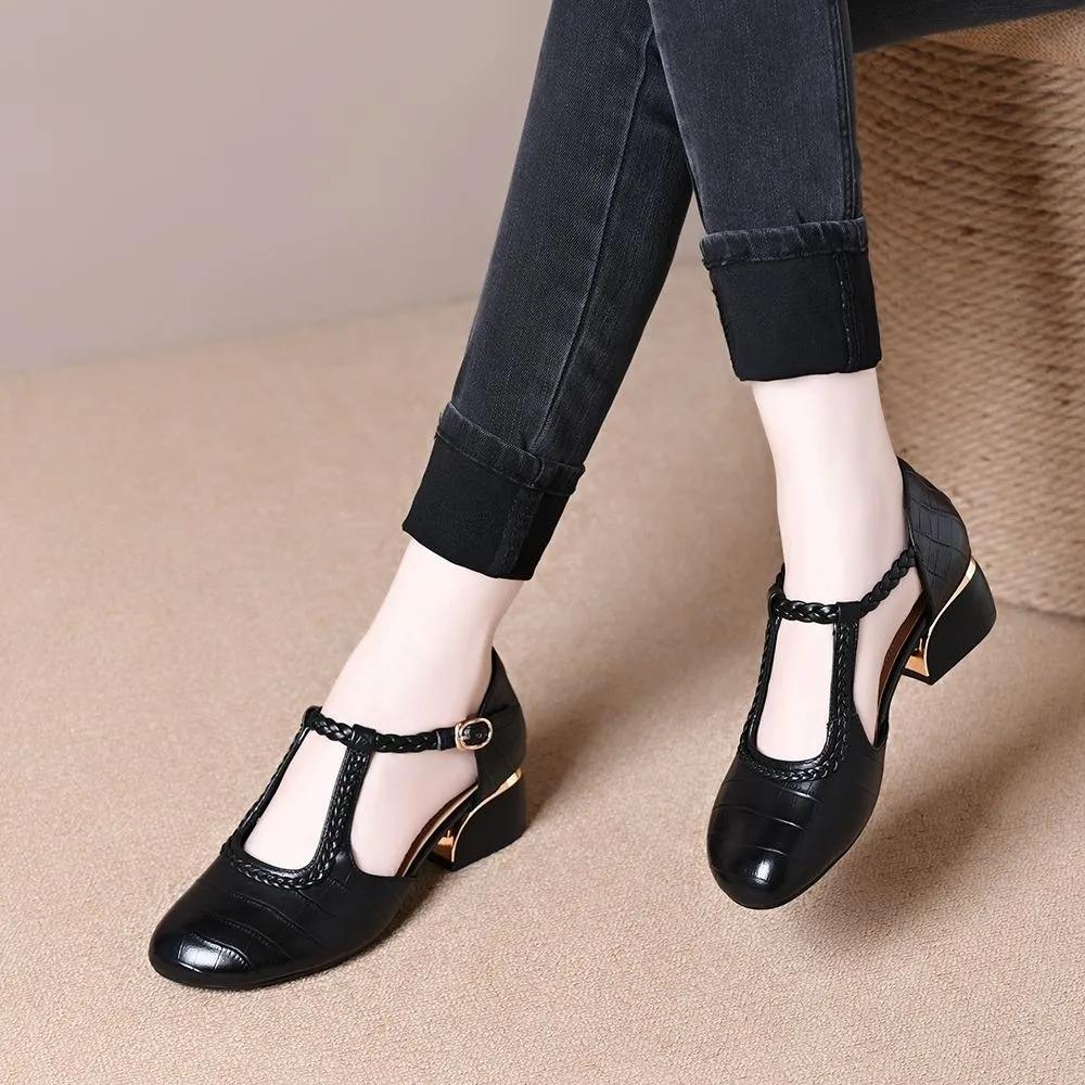 zapatos de mujer women cute round toe black hollow out spring comfort square heel shoes lady casual work shoes ab617