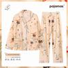Womens Long Sleeve Pajama Set Faux Cotton Loungewear Ladies Thin Breathable Sleepwear Casual Home Wear