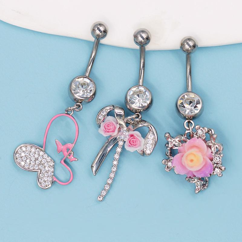 Heart Bow Navel Ring Ornament For Women Girls Light Luxury Belly Button Piercing Barbell Pendant Body Piercing Jewelry