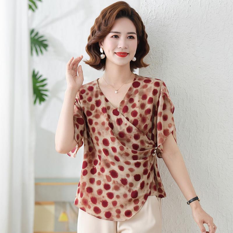 

Summer Polka Dot V-Neck Chiffon Top with Short Sleeves for Middle-Aged and Elderly Women 4XL - for 135-150 lbs вино красного