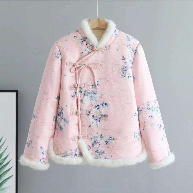 Retro Floral Large Padded Jacket for Women's Winter New Buckle Piled Thickened Padded Jacket