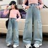 Girls Cargo Demin Pants Kids Casual Loose Wide-legged Jeans Teenagers Fashion Streetwear Baggy Trousers Children Clothes 5-12Y