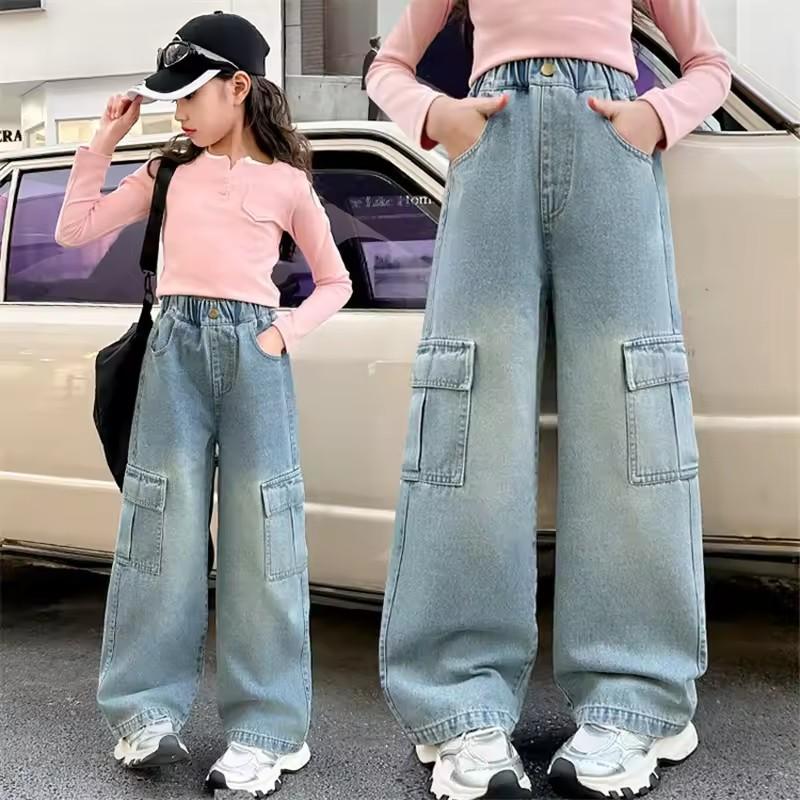 Girls Cargo Demin Pants Kids Casual Loose Wide-legged Jeans Teenagers Fashion Streetwear Baggy Trousers Children Clothes 5-12Y