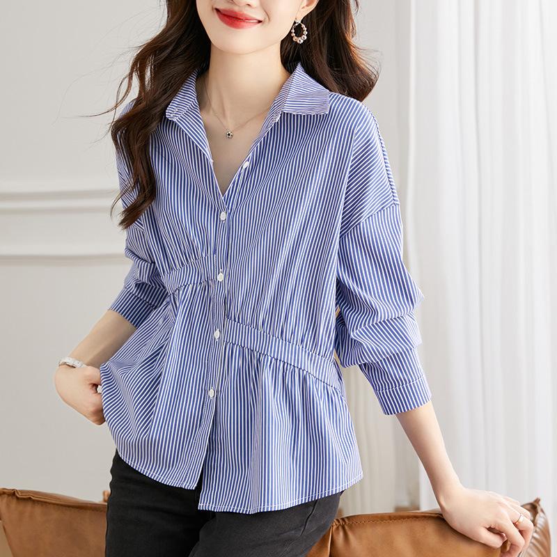 Asymmetric Pleated White Shirt Women's Long-sleeved New Loose Commuting Temperament Pure Cotton Top