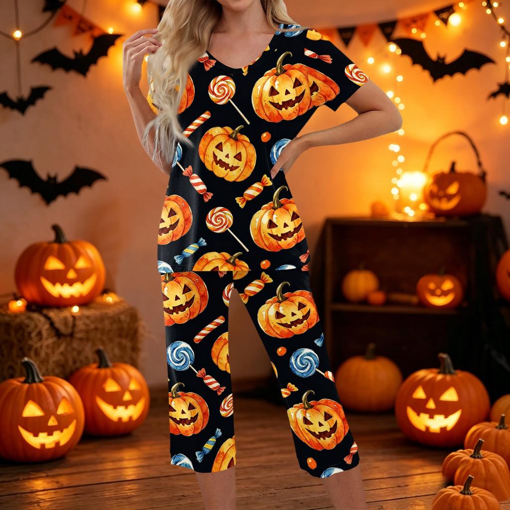 Women Halloween Printed Two Piece Set Short Sleeve Casual Top and Cropped Pants Comfortable Relaxed Fit Outfit