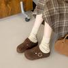 2025 Autumn and Winter New Belt Buckle French Retro Loafer Women's Shoes Doudou Velvet Platform Versatile Cotton Slippers