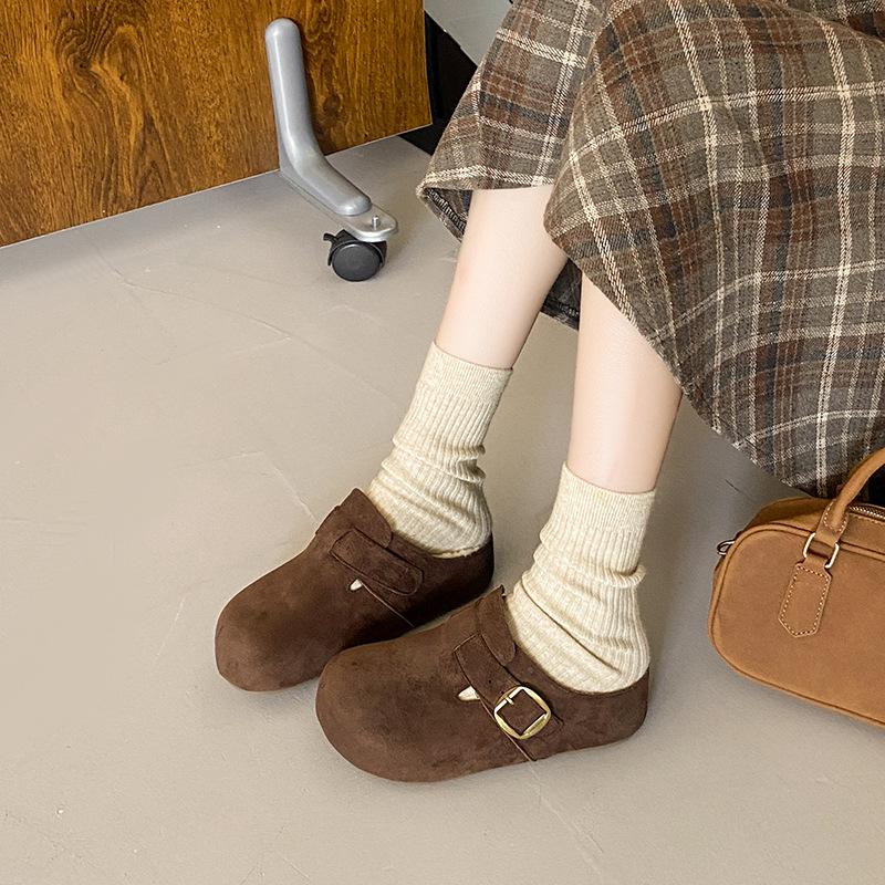 2025 Autumn and Winter New Belt Buckle French Retro Loafer Women's Shoes Doudou Velvet Platform Versatile Cotton Slippers
