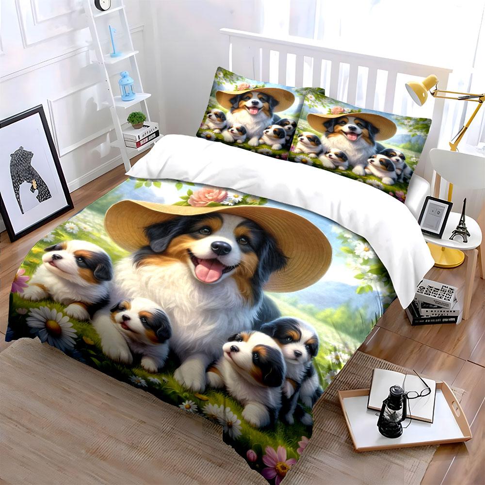 Floral Hat Dog Family Print Bedding Duvet Cover Set (1*Duvet Cover 2*Pillowcases, Without Duvet Insert)