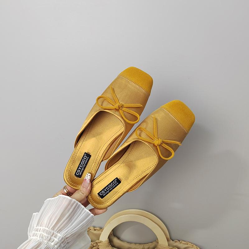 Wind Color Matching Dopamine Candy Color Flat-bottomed Slippers French Age-reducing Bow Fairy Satin Bag Head Slippers