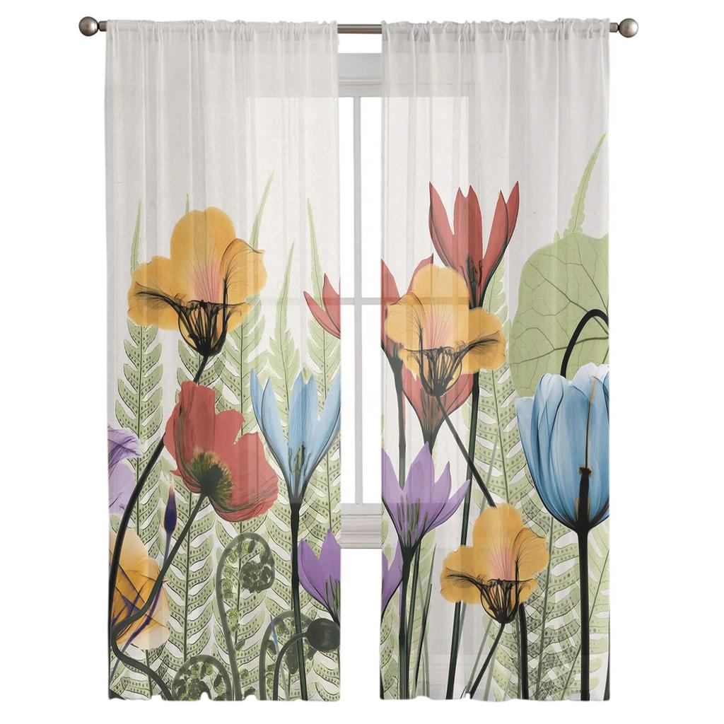 LinenTopia Tende Trasparenti Floreali: Set 4 Pannelli In Voile Con Mantovane E Perline Di Cristallo Per Finestre Da Soggiorno E Camera Da Letto - Lunghezza 160 Cm