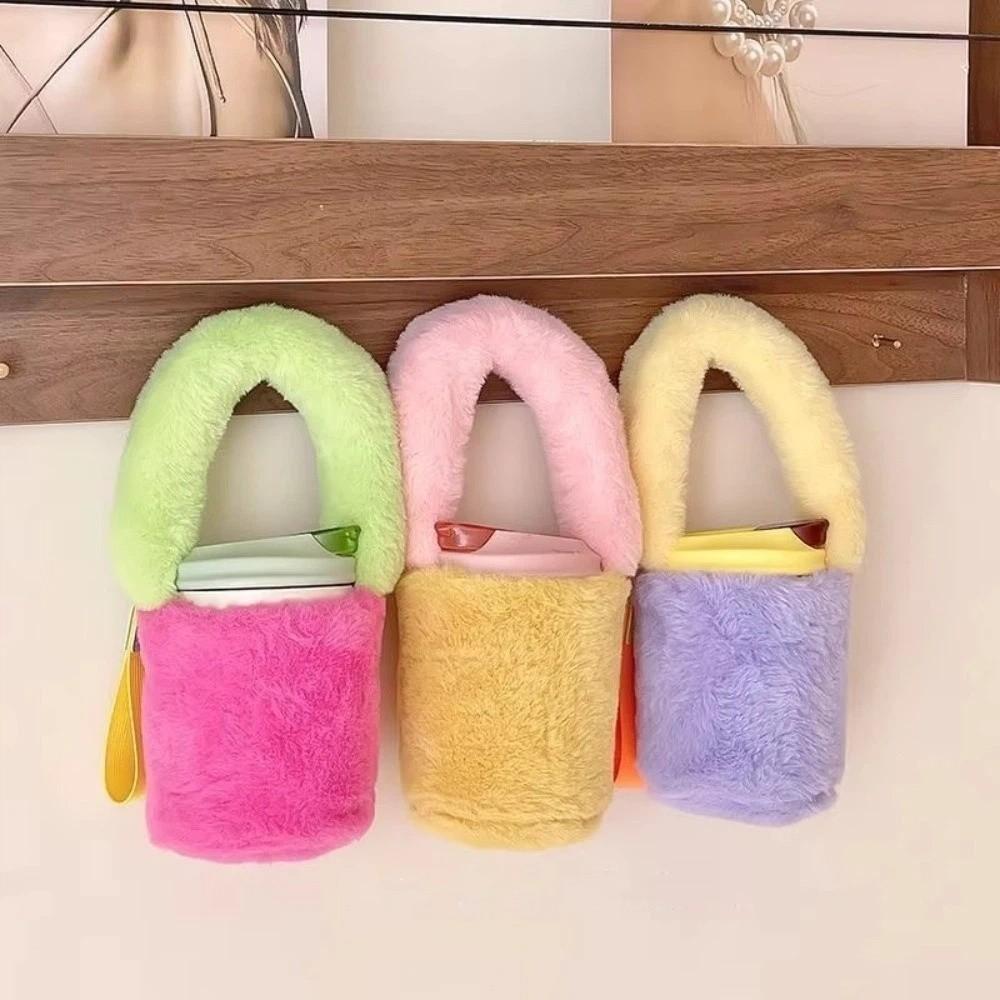 Spliced Color Thermos Cup Sleeve Heat-proof Plush Cup Cover Sweet Bottles Cup Pouch  Bottles Cup