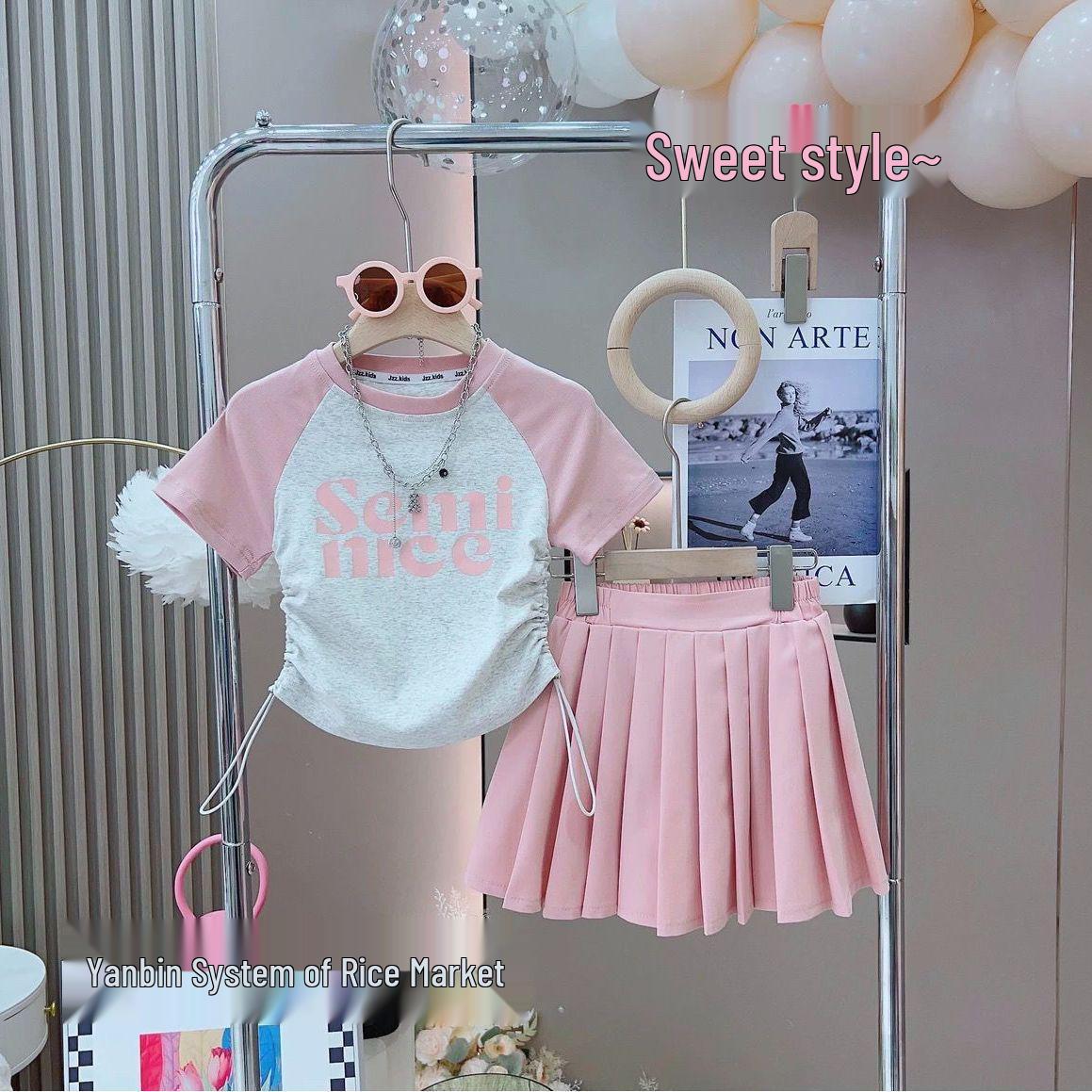 2026 Trendy Girls  Pleated Skirt & Letter Print Top Set 140 cm
