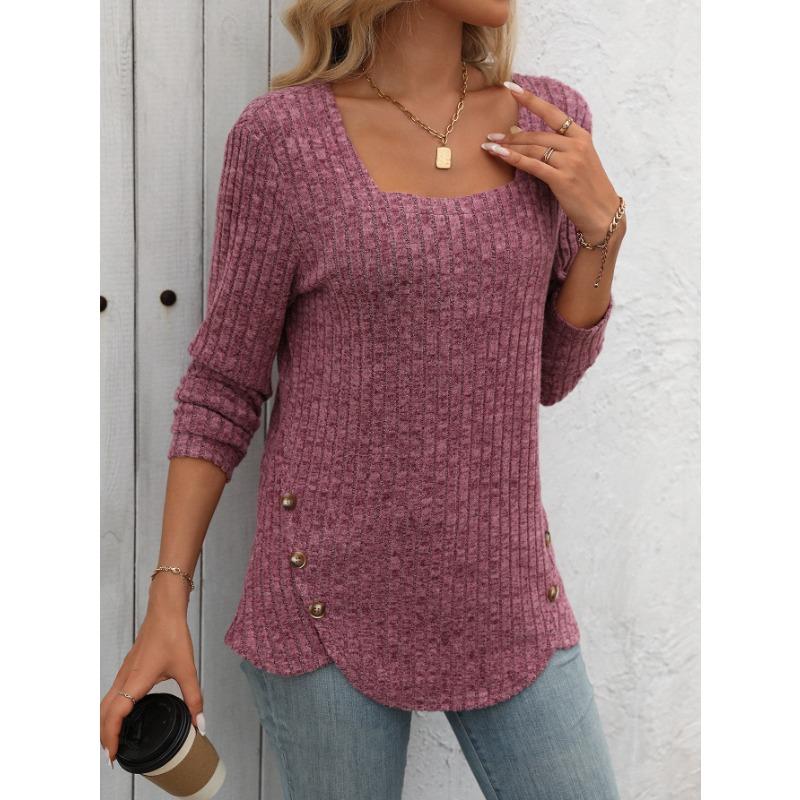 Autumn Women's Buttoned Square Neck Pit Stripe Brushed Solid Long Sleeve Top