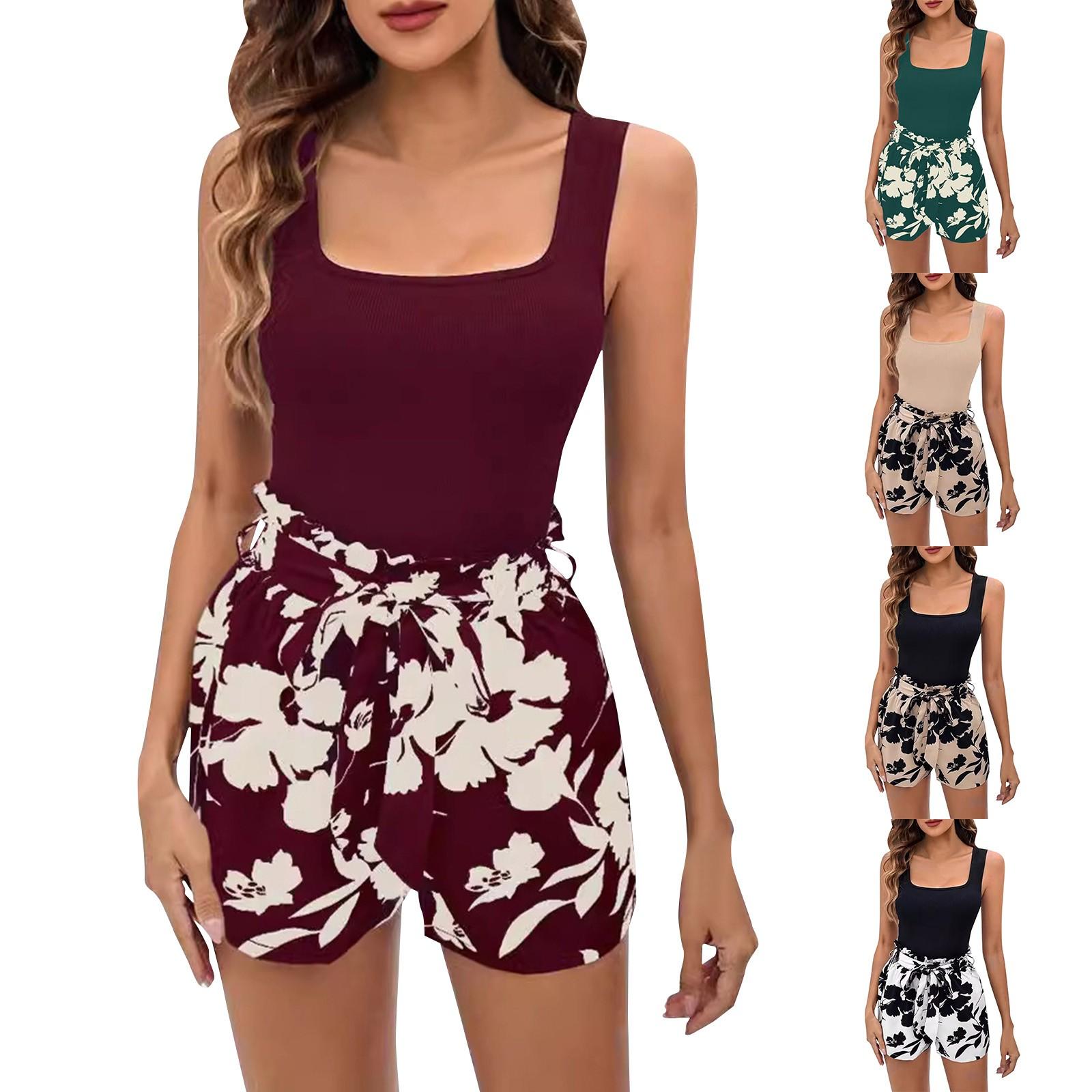 

Женский летний новый вязаный костюм, жилет в рубчик + шорты с цветочным принтом, повседневный комплект