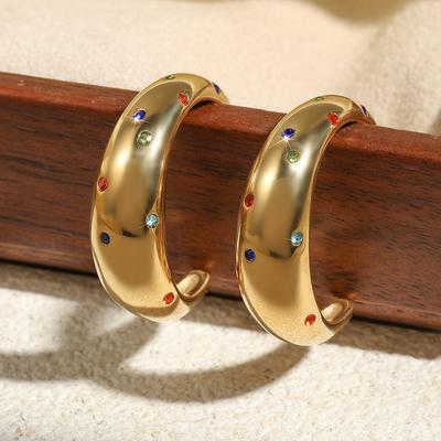 ZAKOL Retro Inlaid Colorful Zircon Stainless Steel Hoop Earrings Chunky Water Drop CC Shaped Earring Party Zircon for Women