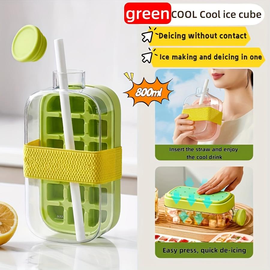 Dual-purpose Ice Cube Tray Water Bottle with Lid & Straw-Touchless Ice Cube Mold Tray Maker for Summer Outdoor Refreshing Drinks