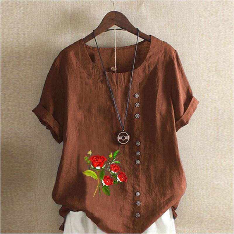 Damska moda kwiaty nadruk okrągły dekolt krótki rękaw T-shirt swobodna bawełna len grafika koszula wypoczynek luźna letnia bluzka topy plus size