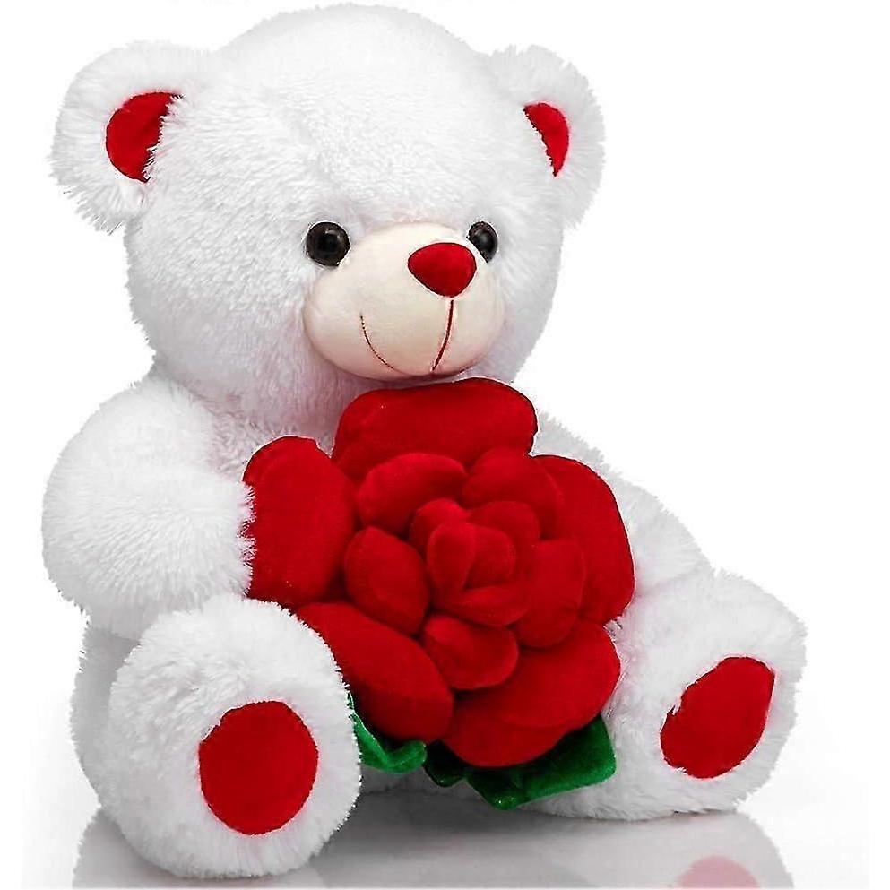 Teddybär Kuscheltiere Plüschbär mit Rose Hält Rose Weiches Plüschtier Valentinstag, 16 Zoll, Weiß