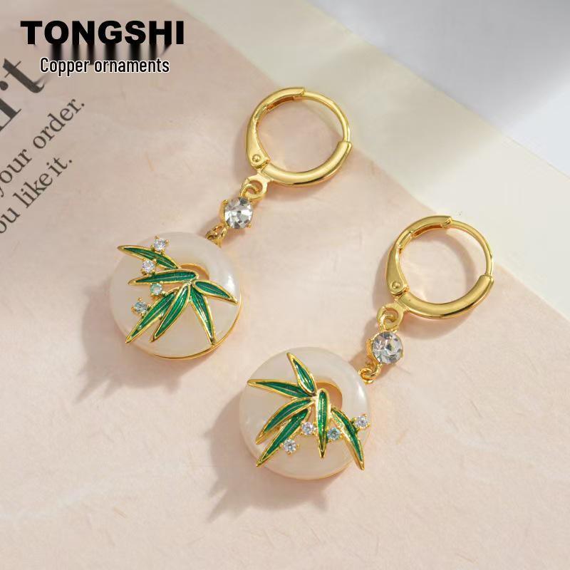 Emerald Bamboo and Ping an Buckle Stud Earrings - 2025 Niche Chinese National Style золотой