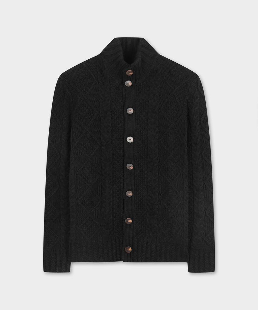 Brooks Brothers Wool Aran Cable Mock Neck Cardigan (Black) (Bbwcmmf404)