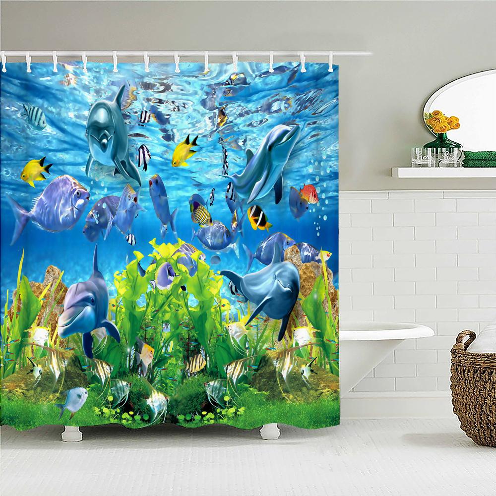 Nature Landscape Shower Curtain 3D Dolphin Shell Beach Scenery Bathroom Curtain Home Decor Waterproof Polyester Bath Accessories